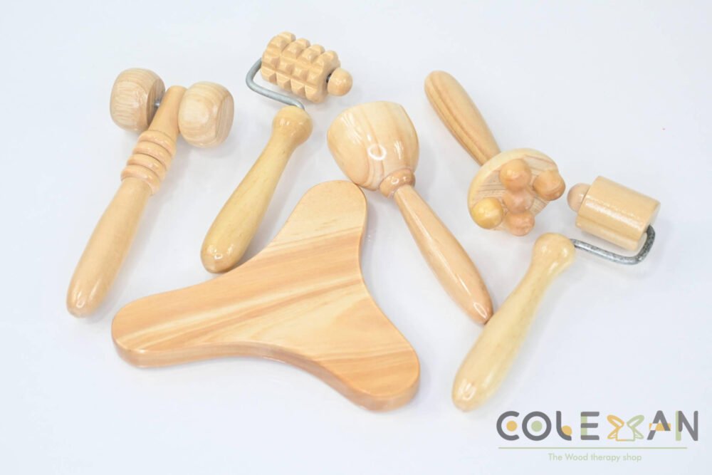 Set of Facial Lifting Tools including 5 wooden massagers, 3 facial rollers, 1 facial Gua Sha, 1 Swedish cup, and 1 mushroom tool. Natural color with coated paint and a beautiful, smooth finish. Designed for double chin reduction, facial lifting, and facial fat improvement.