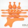 Wooden Body Sculpting Tools kit of 7 pieces, including 3 rollers, 2 cups, 1 gua sha, and a fingered massager, all in shiny orange pine wood. Ideal for breaking down fat, cellulite, fibrosis, lymphatic drainage, deep tissue massage, and scraping.