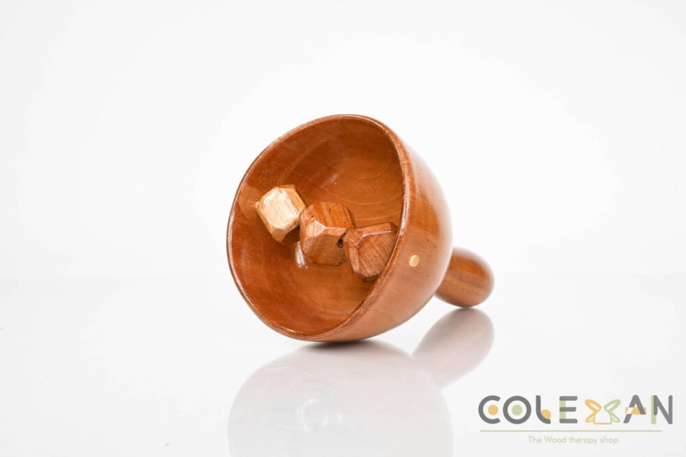 Wood Therapy Cup with roller dice, designed for breaking down fat in bony areas. Made from high-quality pine wood, Caramel Color.