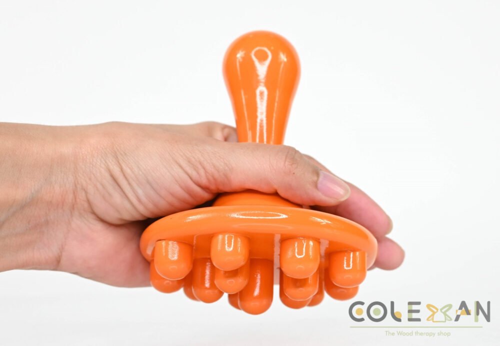 Mushroom Massage Tool, multi level fingers to reach different layers of the skin, orange color, made of pine wood. great for deep tissue massage, reflexology, cellulite and break down of fat.