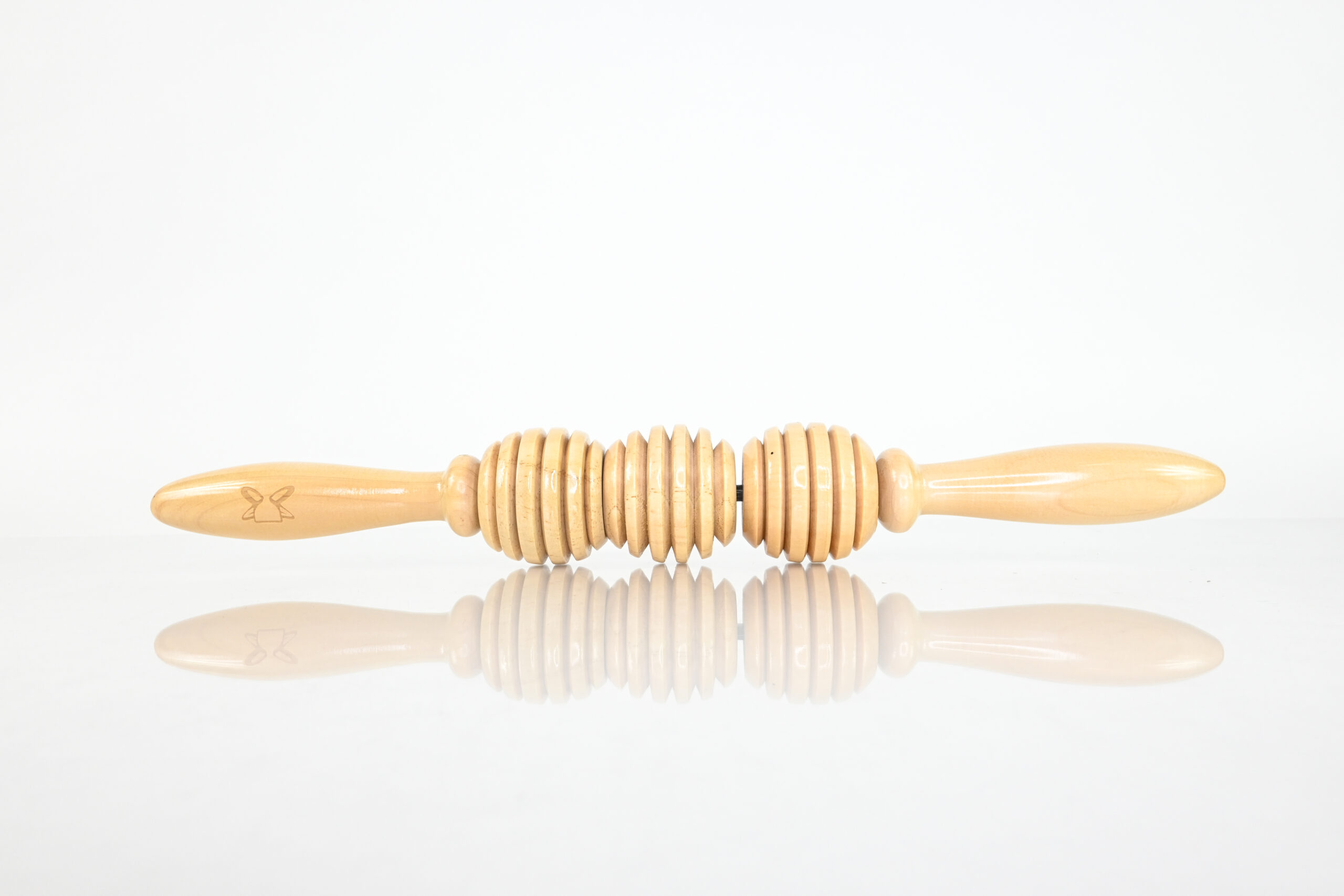 Muscle roller stick with three rounded wooden sections and two handles